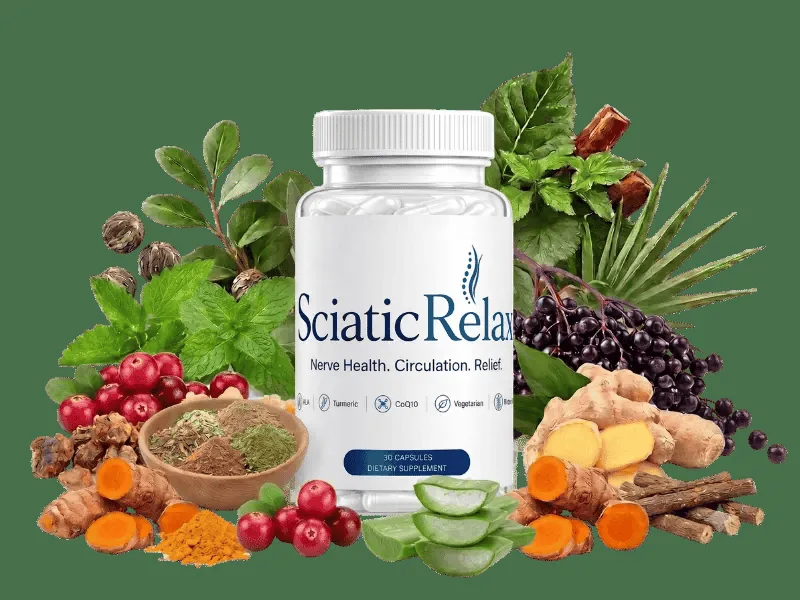 SciaticRelax daily nerve and wellness supplement bottle surrounded by turmeric, ginger, and botanical ingredients